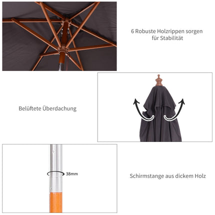Folding Garden Umbrella - Fir Wood, Adjustable, Dark Grey