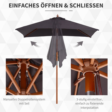 Folding Garden Umbrella - Fir Wood, Adjustable, Dark Grey