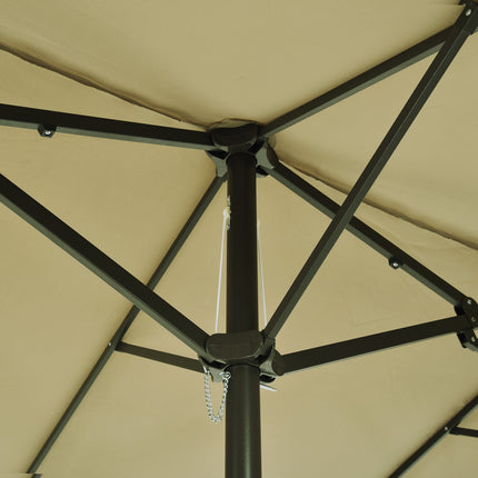 Large oval market umbrella, hand crank, light coffee