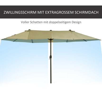 Large oval market umbrella, hand crank, light coffee