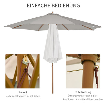Wooden Parasol, 300 Cm Garden & Balcony Parasol, Grey