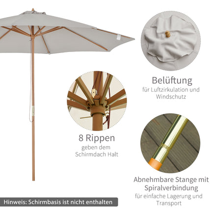 Wooden Parasol, 300 Cm Garden & Balcony Parasol, Grey