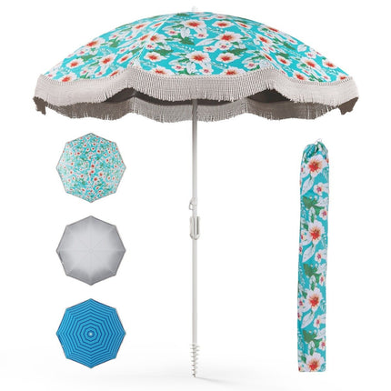 Parasol beach umbrella with fringes UPF 50+ 30° bendable patio umbrella with ground spike