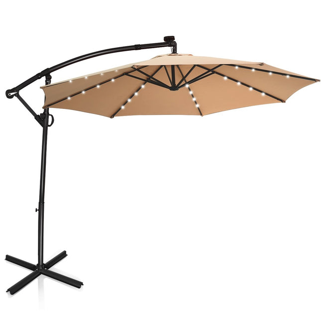 Parasol with LED solar lighting, rotatable cantilever umbrella for garden, Ø 300 cm, beige