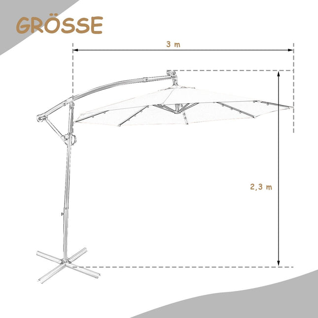 Parasol with LED solar lighting, rotatable cantilever umbrella for garden, Ø 300 cm, beige