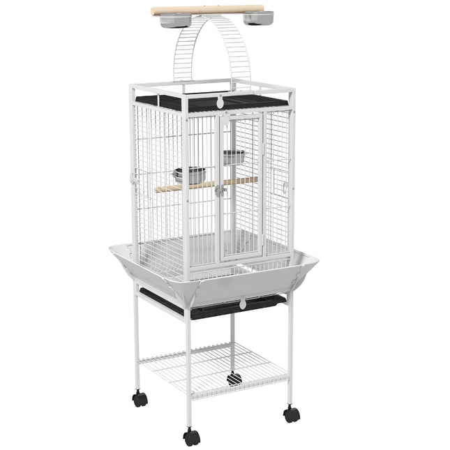 Parrot Cage with 3 Doors, 2 Perches, Wheels, White