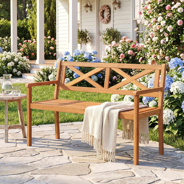 Patio Bench, Acacia Wood, 2-Person, Armrests, Backrest