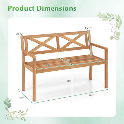Patio Bench, Acacia Wood, 2-Person, Armrests, Backrest