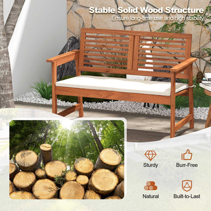 Patio Bench, Solid Wood, 2-Person, Backrest, Cushion
