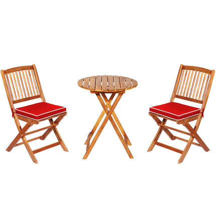 Patio Folding Acacia Wood Bistro Set, 3-Piece, Red Cushions