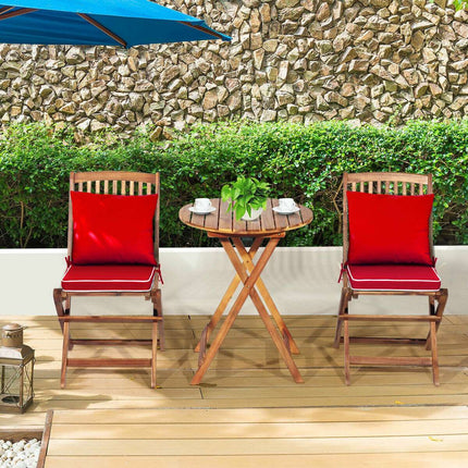 Patio Folding Acacia Wood Bistro Set, 3-Piece, Red Cushions