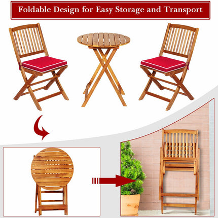Patio Folding Acacia Wood Bistro Set, 3-Piece, Red Cushions
