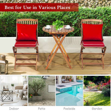Patio Folding Acacia Wood Bistro Set, 3-Piece, Red Cushions