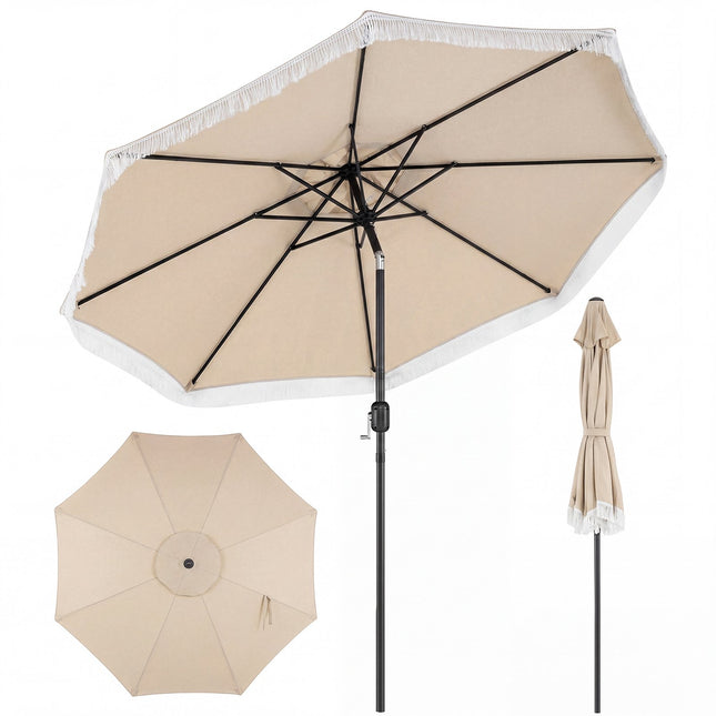 Patio Parasol 270cm, Crank Tilt, Fringed Beige