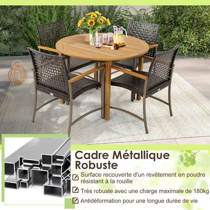 Patio Rattan Dining Chairs Set of 4, Acacia Armrests
