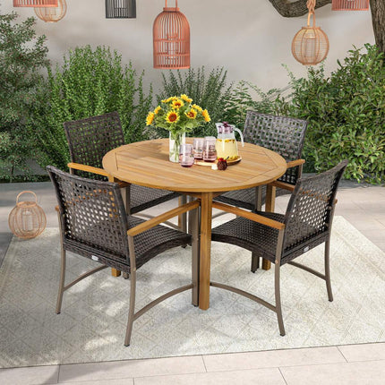 Patio Rattan Dining Chairs Set of 4, Acacia Armrests