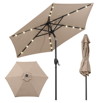 Patio Umbrella 230 cm, Solar LED, Crank Tilt, Light Brown