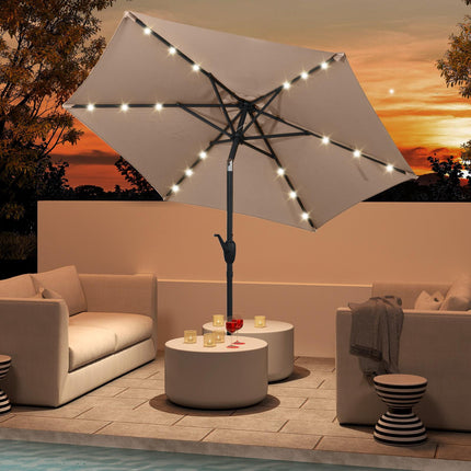 Patio Umbrella 230 cm, Solar LED, Crank Tilt, Light Brown