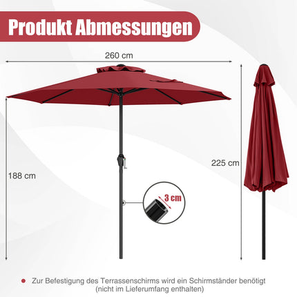 Patio Umbrella 250 cm with Crank, 8 Ribs, Burgundy
