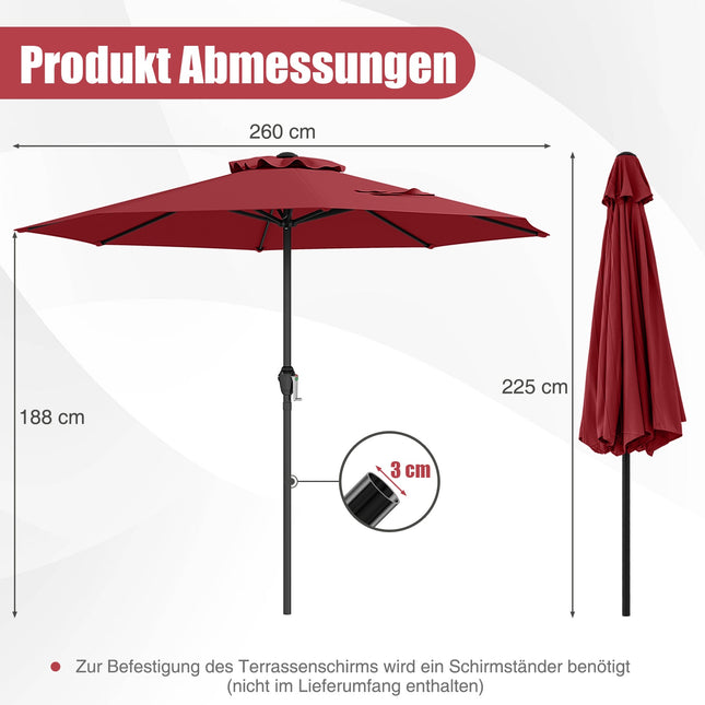 Patio Umbrella 250 cm with Crank, 8 Ribs, Burgundy