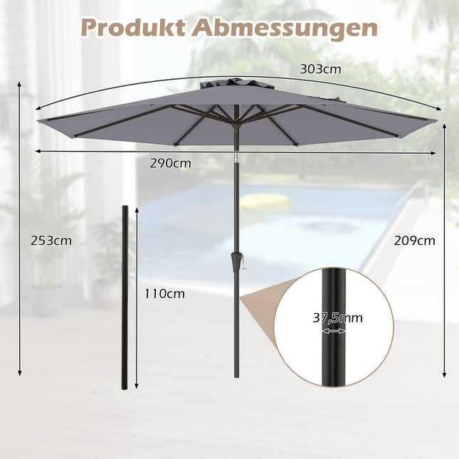 Patio Umbrella, 300 cm, Tilt & Crank, Grey, Water-Resistant
