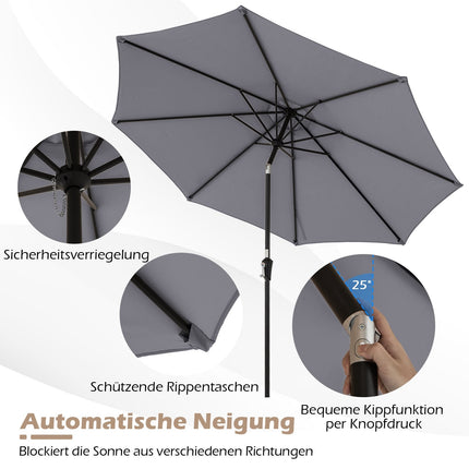 Patio Umbrella, 300 cm, Tilt & Crank, Grey, Water-Resistant