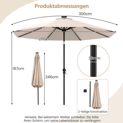 Patio Umbrella 300cm with Solar LED Lights, 9 Modes