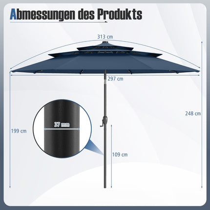 Patio Umbrella, 3-Tier, Solar LED, Tilting, Navy Blue
