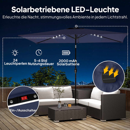 Patio Umbrella with Solar LED Lights, Tilt & Crank, Navy