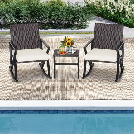 Patio Wicker Rocking Chair Set, 3-Piece With Table, Cushions