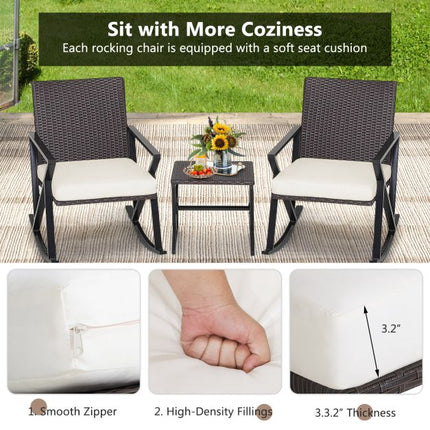 Patio Wicker Rocking Chair Set, 3-Piece With Table, Cushions