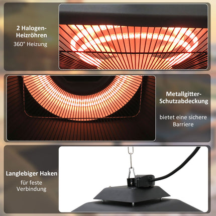 Patio ceiling heater with remote control & LED, 2000W, compact size
