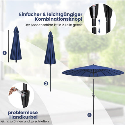 Patio umbrella with 18 fiberglass ribs & tilt at the push of a button & crank table umbrella navy blue