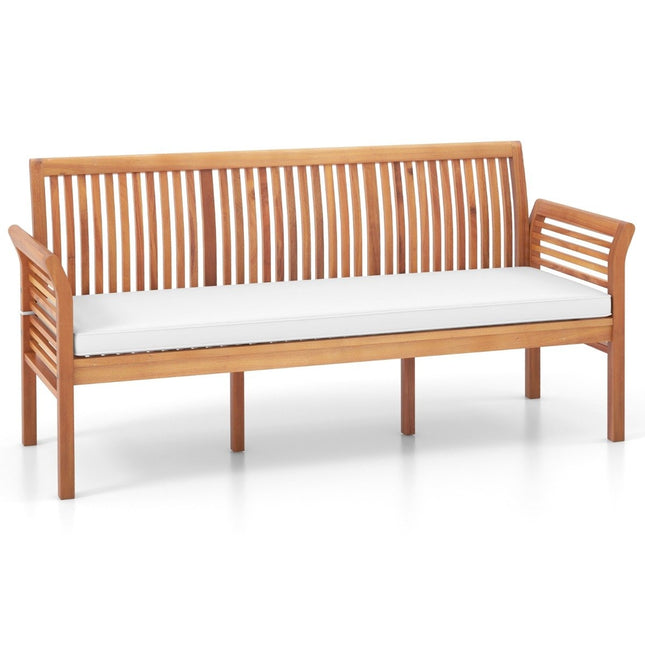 Patio wooden bench with soft seat cushions and ergonomic backrest outdoor bench