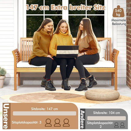 Patio wooden bench with soft seat cushions and ergonomic backrest outdoor bench