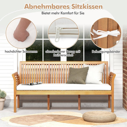 Patio wooden bench with soft seat cushions and ergonomic backrest outdoor bench