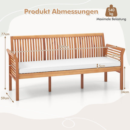 Patio wooden bench with soft seat cushions and ergonomic backrest outdoor bench