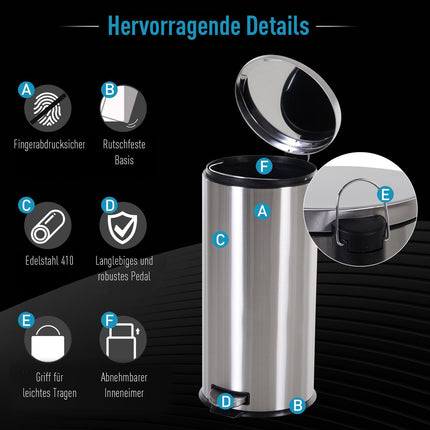 30L pedal container in stainless steel with soft-closing lid