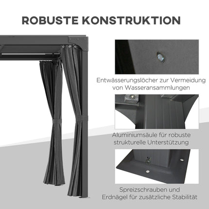 Pergola with retractable roof and curtains, 4.2x2.95m, dark grey