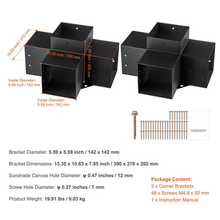 Pergola Bracket Kit 6x6, 2-Pack 4-Way Steel Corners
