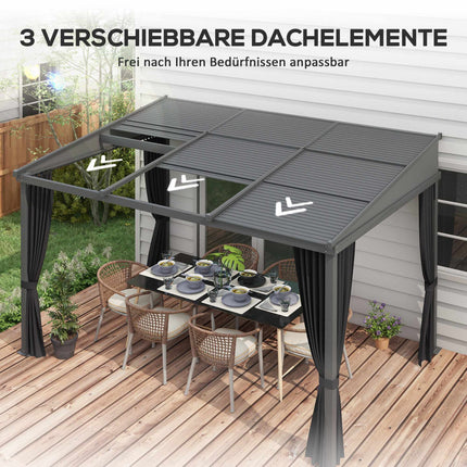 Pergola with Sliding Roof & Curtains, Dark Grey, 3.65x2.55m