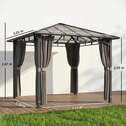 Permanent Hardtop Gazebo, 6mm PC Roof, Metal Frame, 302x302cm