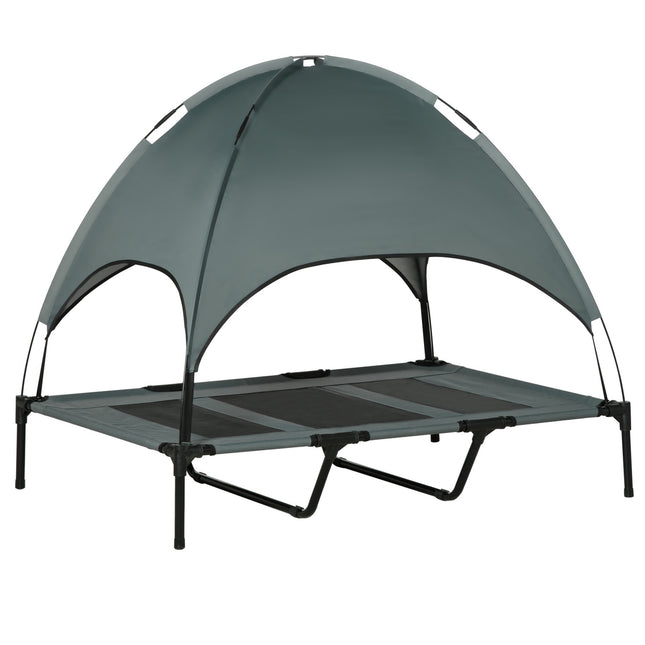 Raised outdoor dog bed with canopy, breathable fabric, gray