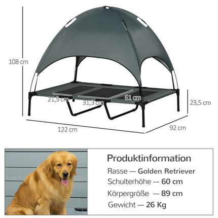 Raised outdoor dog bed with canopy, breathable fabric, gray