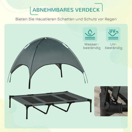 Raised outdoor dog bed with canopy, breathable fabric, gray