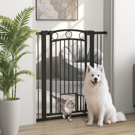 Pet Gate 106 cm, Adjustable Width, Cat Door, Black