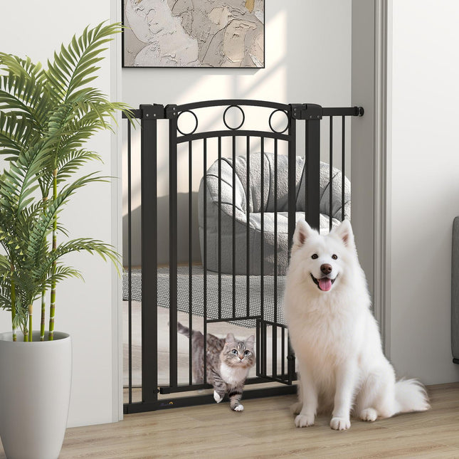 Pet Gate 106 cm, Adjustable Width, Cat Door, Black