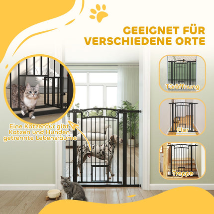 Pet Gate 106 cm, Adjustable Width, Cat Door, Black