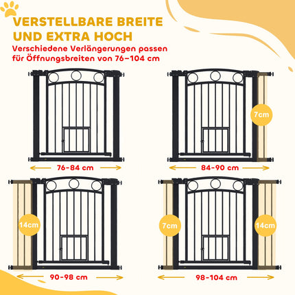 Pet Gate, 77 cm, Adjustable 76-104 cm, Cat Door, Black