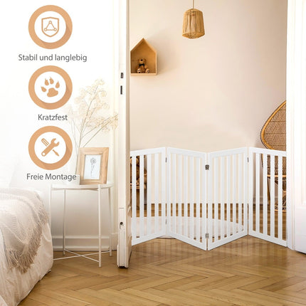 Pet Gate, 89cm High, 4 Panels, Foldable Wood, White